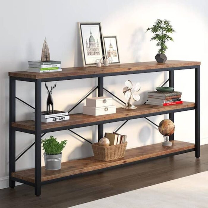 Eileen 70.9 in. Rectangle Black Metal Rustic Brown Particle Board Wood Top Sofa Table with 3 Open Storage Shelves